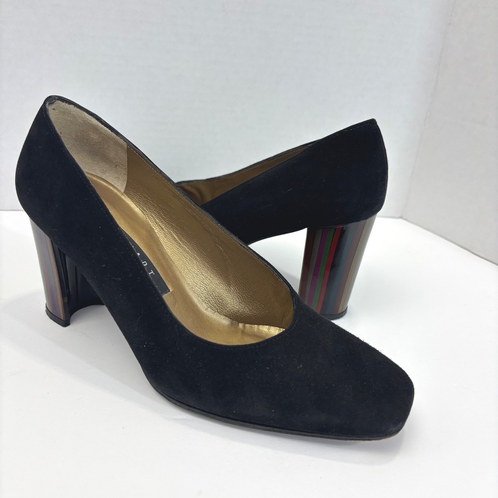 RARE Stuart Weitzman Rainbow Stripe Suede Pumps Heels 37.5 (7) Black Vintage